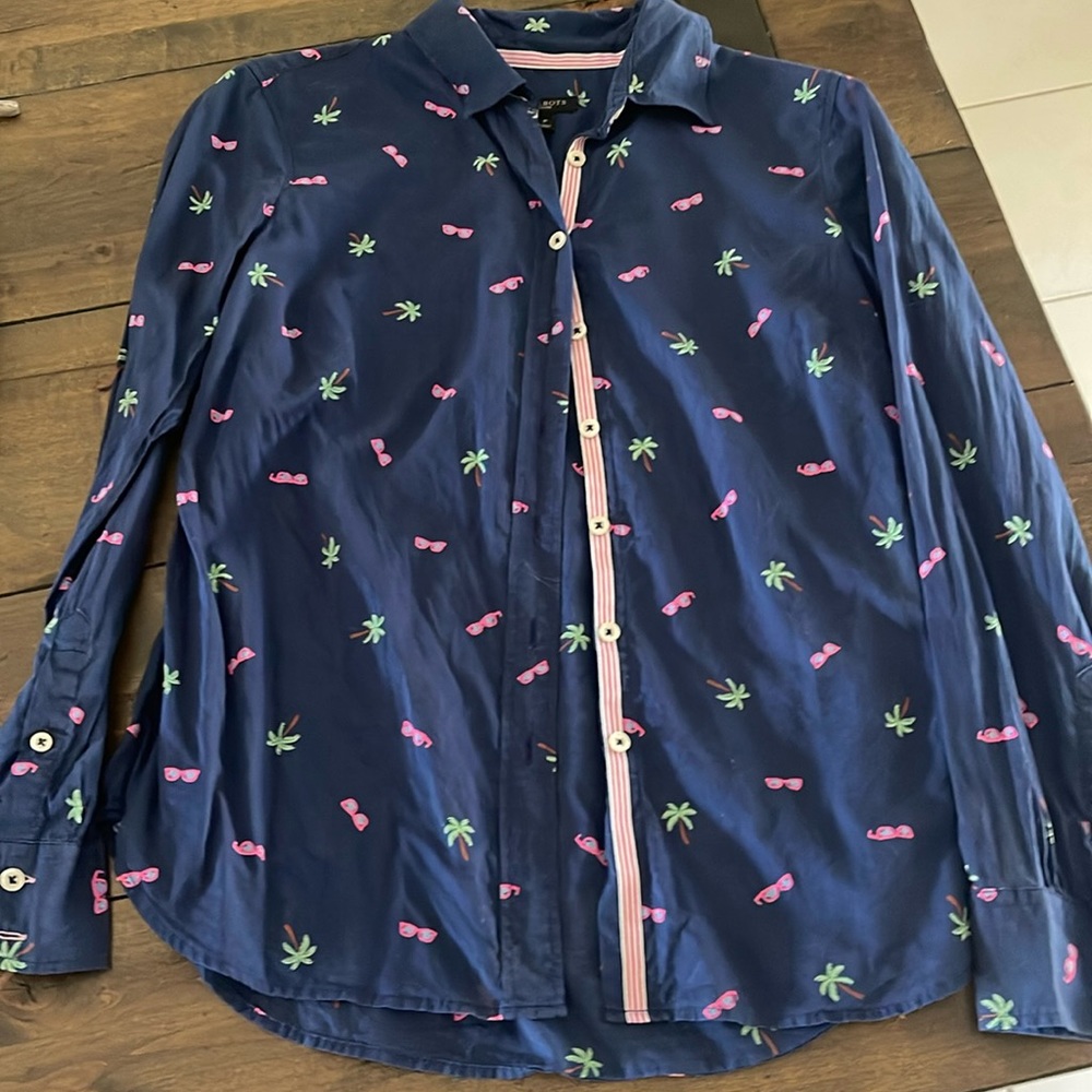 Pre-loved Talbots Petite Size Small Navy 100% Cotton Beach Themed Button Down